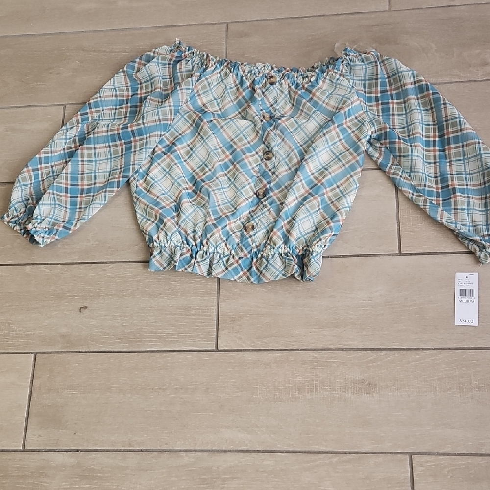 Iz Byer Blue, green & tan plaid peasant blouse.